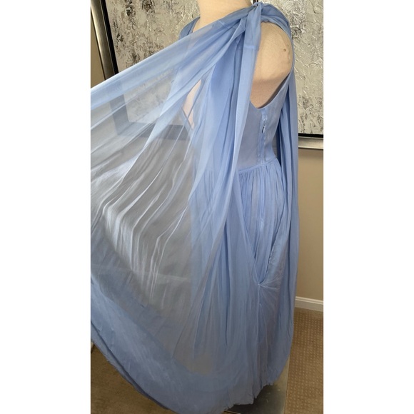HELSA Sabine Silk Cape Overlay Chiffon Sheer Hydrangea Blue Midi Dress Size S - Picture 9 of 15
